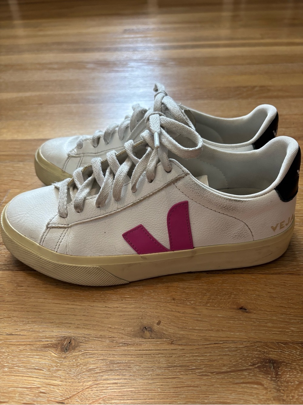 Veja Women’s White Sneakers with Pink V Logo